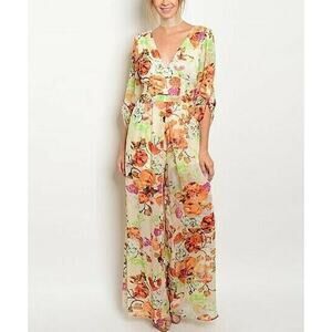 Los Angeles Boutique XTAREN Jumpsuit V-neck V-Back Boho Chiffon Boho Floral M